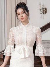 画像4: [ERUKEI/SETTAN]ホワイト・プチハイネック・総レース・7分袖・フリル・ウエストリボン・ミニドレス・ワンピース[送料無料] (4)