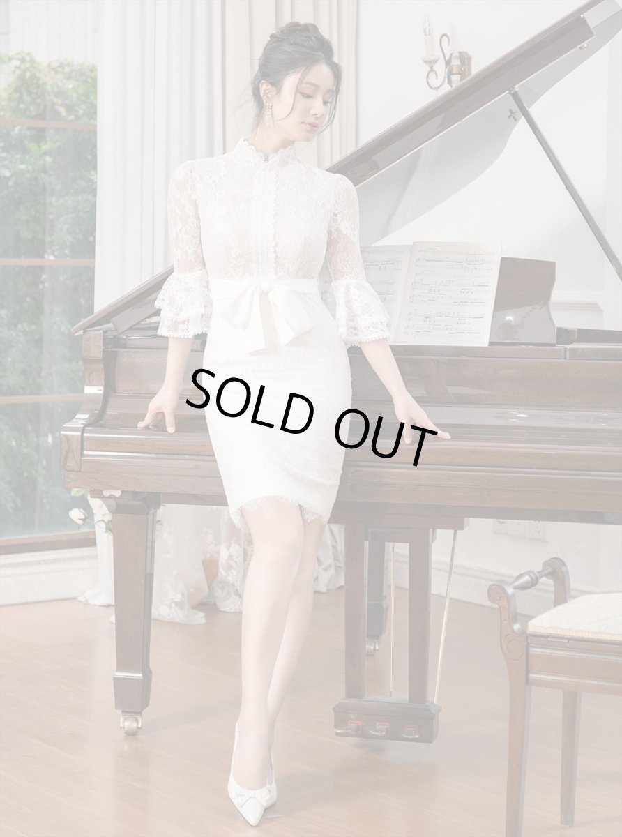 画像5: [ERUKEI/SETTAN]ホワイト・プチハイネック・総レース・7分袖・フリル・ウエストリボン・ミニドレス・ワンピース[送料無料] (5)