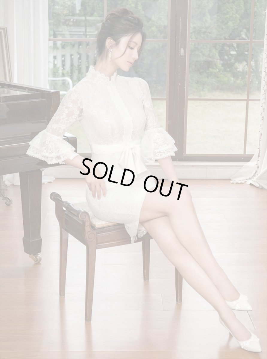 画像6: [ERUKEI/SETTAN]ホワイト・プチハイネック・総レース・7分袖・フリル・ウエストリボン・ミニドレス・ワンピース[送料無料] (6)