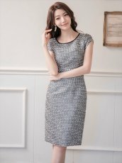 画像2: [ERUKEI/SETTAN]ブラック×ホワイト・ツイード・タイト・フレンチリーブ・ミディアムドレス・ワンピース[即日発送][大きいサイズあり][送料無料] (2)