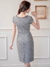 画像3: [ERUKEI/SETTAN]ブラック×ホワイト・ツイード・タイト・フレンチリーブ・ミディアムドレス・ワンピース[即日発送][大きいサイズあり][送料無料] (3)