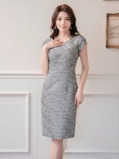 画像4: [ERUKEI/SETTAN]ブラック×ホワイト・ツイード・タイト・フレンチリーブ・ミディアムドレス・ワンピース[即日発送][大きいサイズあり][送料無料] (4)
