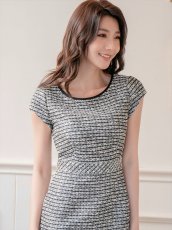 画像5: [ERUKEI/SETTAN]ブラック×ホワイト・ツイード・タイト・フレンチリーブ・ミディアムドレス・ワンピース[即日発送][大きいサイズあり][送料無料] (5)