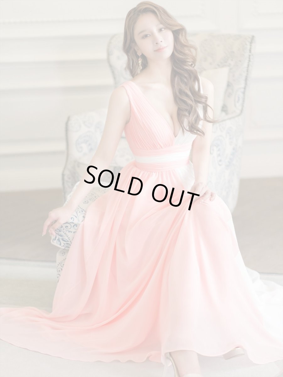 画像6: [ERUKEI/SETTAN]ピンク×ホワイト・バイカラー・ハイウエスト・シフォン・Aライン・ロングドレス[送料無料] (6)