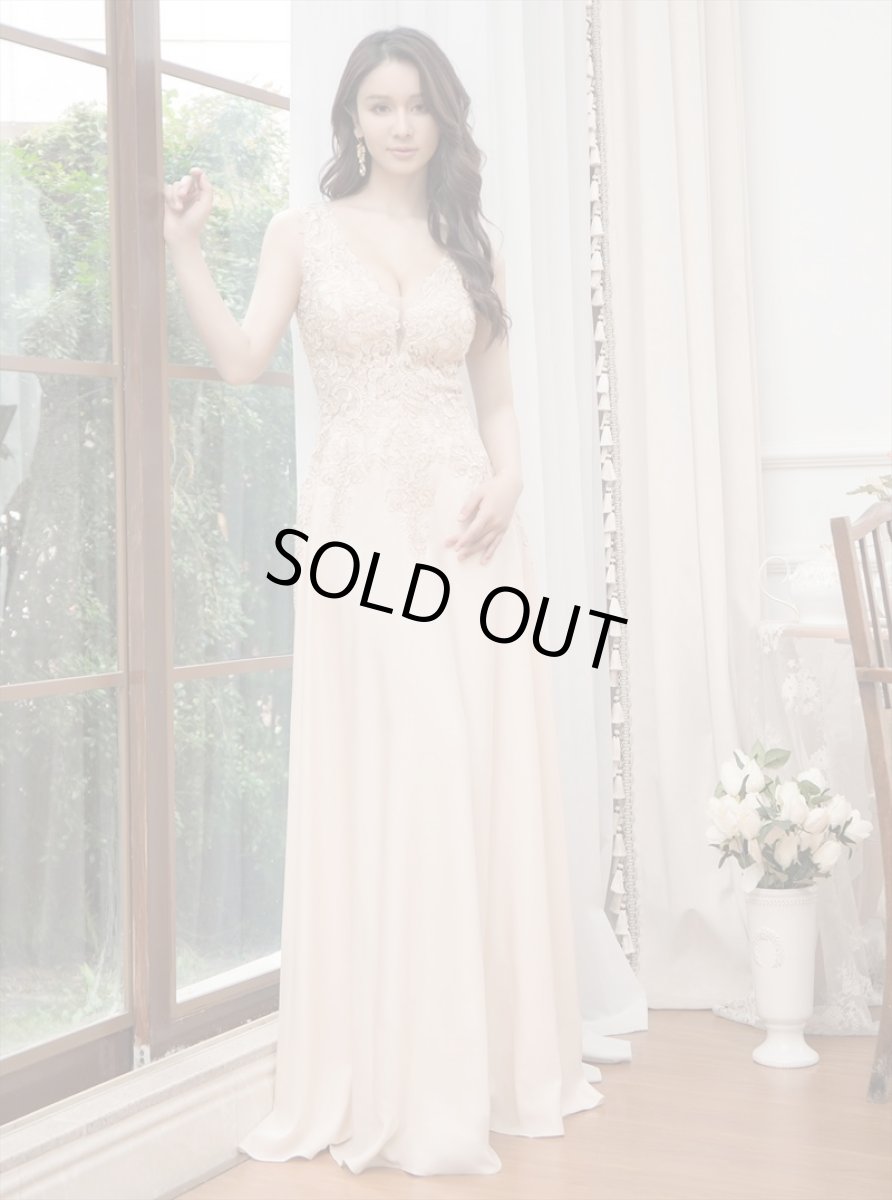 画像16: [ERUKEI/SETTAN]ホワイト・ネイビー・ベージュ・ワインレッド・Aライン・エレガント・胸元レース・スパンコール・ロングドレス[送料無料] (16)