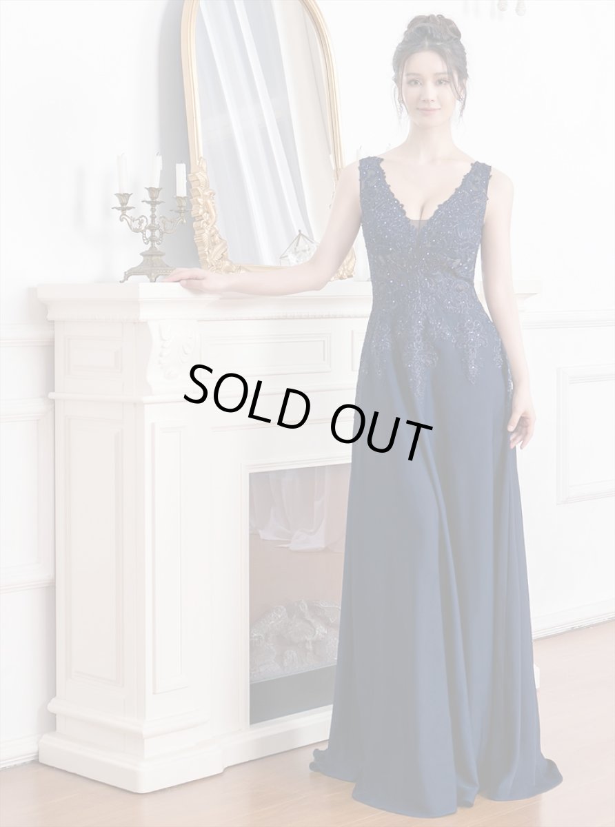 画像14: [ERUKEI/SETTAN]ホワイト・ネイビー・ベージュ・ワインレッド・Aライン・エレガント・胸元レース・スパンコール・ロングドレス[送料無料] (14)