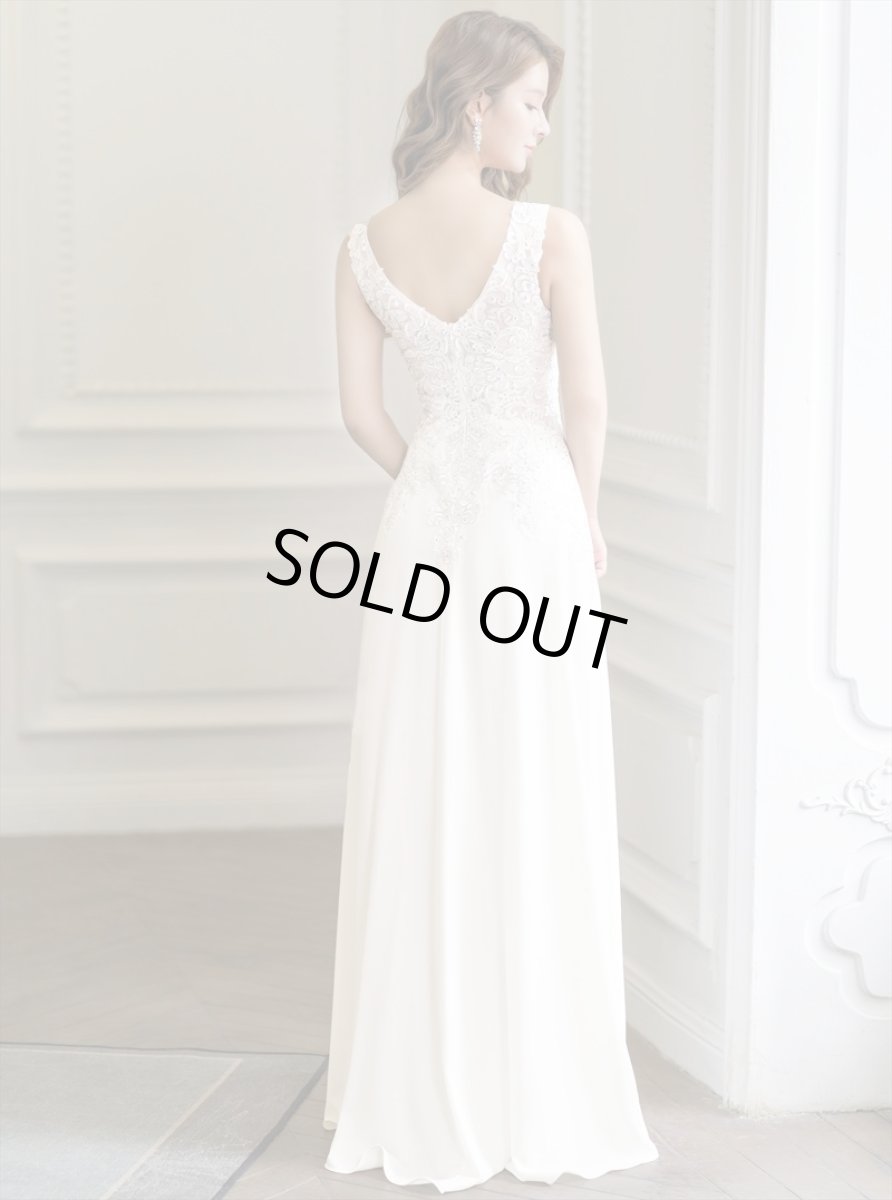 画像5: [ERUKEI/SETTAN]ホワイト・ネイビー・ベージュ・ワインレッド・Aライン・エレガント・胸元レース・スパンコール・ロングドレス[送料無料] (5)