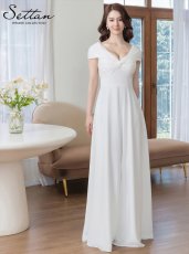 画像2: [ XS-Lサイズ / 2カラー ][ERUKEI/SETTAN]ネイビー・ホワイト・シンプル・フレンチスリーブ・上品・Aライン・ロングドレス[送料無料] (2)