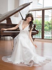 画像12: [ERUKEI/SETTAN]イエロー・ホワイト・フリルスリーブ・Aライン・ドット・レース・ロングドレス[送料無料] (12)