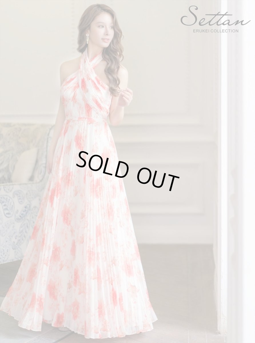 画像1: [ERUKEI/SETTAN]ホワイト×オレンジ・フラワープリント・プリーツ・ホルターネック・Aライン・ロングドレス[送料無料] (1)