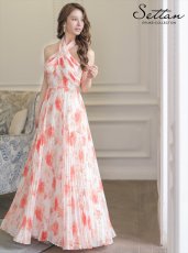 画像1: [ERUKEI/SETTAN]ホワイト×オレンジ・フラワープリント・プリーツ・ホルターネック・Aライン・ロングドレス[送料無料] (1)