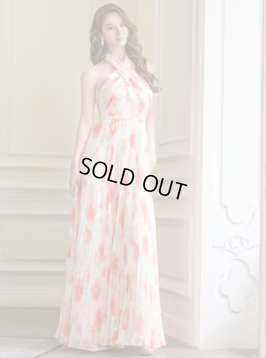 画像2: [ERUKEI/SETTAN]ホワイト×オレンジ・フラワープリント・プリーツ・ホルターネック・Aライン・ロングドレス[送料無料] (2)