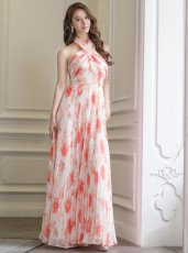 画像2: [ERUKEI/SETTAN]ホワイト×オレンジ・フラワープリント・プリーツ・ホルターネック・Aライン・ロングドレス[送料無料] (2)