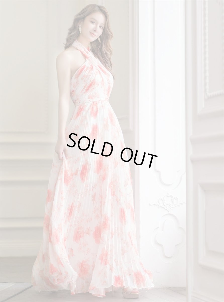 画像3: [ERUKEI/SETTAN]ホワイト×オレンジ・フラワープリント・プリーツ・ホルターネック・Aライン・ロングドレス[送料無料] (3)