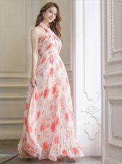 画像3: [ERUKEI/SETTAN]ホワイト×オレンジ・フラワープリント・プリーツ・ホルターネック・Aライン・ロングドレス[送料無料] (3)