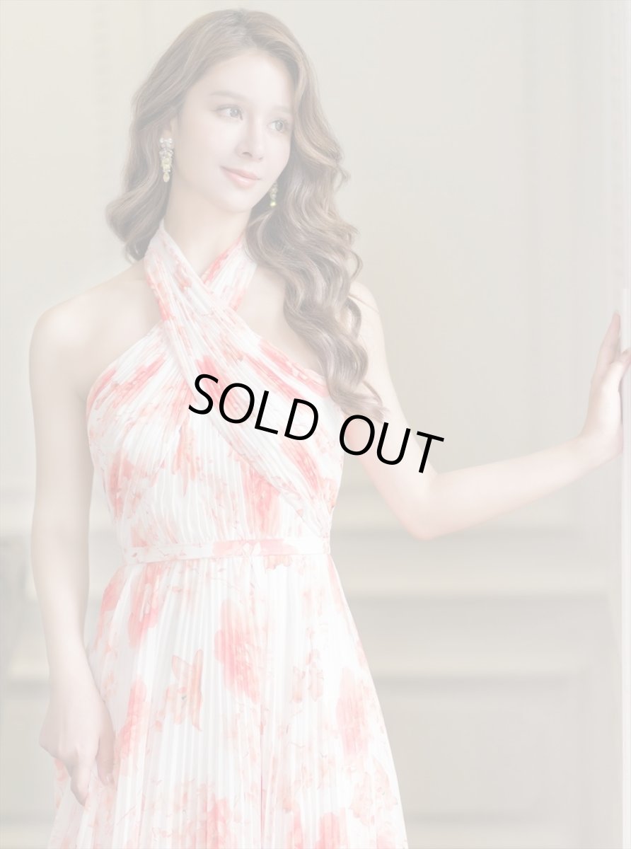 画像5: [ERUKEI/SETTAN]ホワイト×オレンジ・フラワープリント・プリーツ・ホルターネック・Aライン・ロングドレス[送料無料] (5)