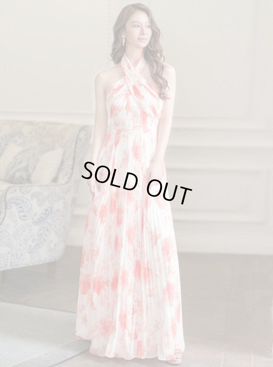 画像6: [ERUKEI/SETTAN]ホワイト×オレンジ・フラワープリント・プリーツ・ホルターネック・Aライン・ロングドレス[送料無料] (6)