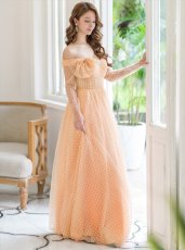 画像2: [ERUKEI/SETTAN]ベージュ・ハート・ドット・オフショルダー・ロングスリーブ・Aライン・ロングドレス[送料無料] (2)