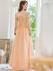 画像3: [ERUKEI/SETTAN]ベージュ・ハート・ドット・オフショルダー・ロングスリーブ・Aライン・ロングドレス[送料無料] (3)