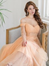 画像6: [ERUKEI/SETTAN]ベージュ・ハート・ドット・オフショルダー・ロングスリーブ・Aライン・ロングドレス[送料無料] (6)