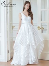 画像2: [ERUKEI/SETTAN]ホワイト・ノースリーブ・Vネック・ストライプ・ビジュー・変形ヘム・フレア・Aライン・ロングドレス[送料無料] (2)