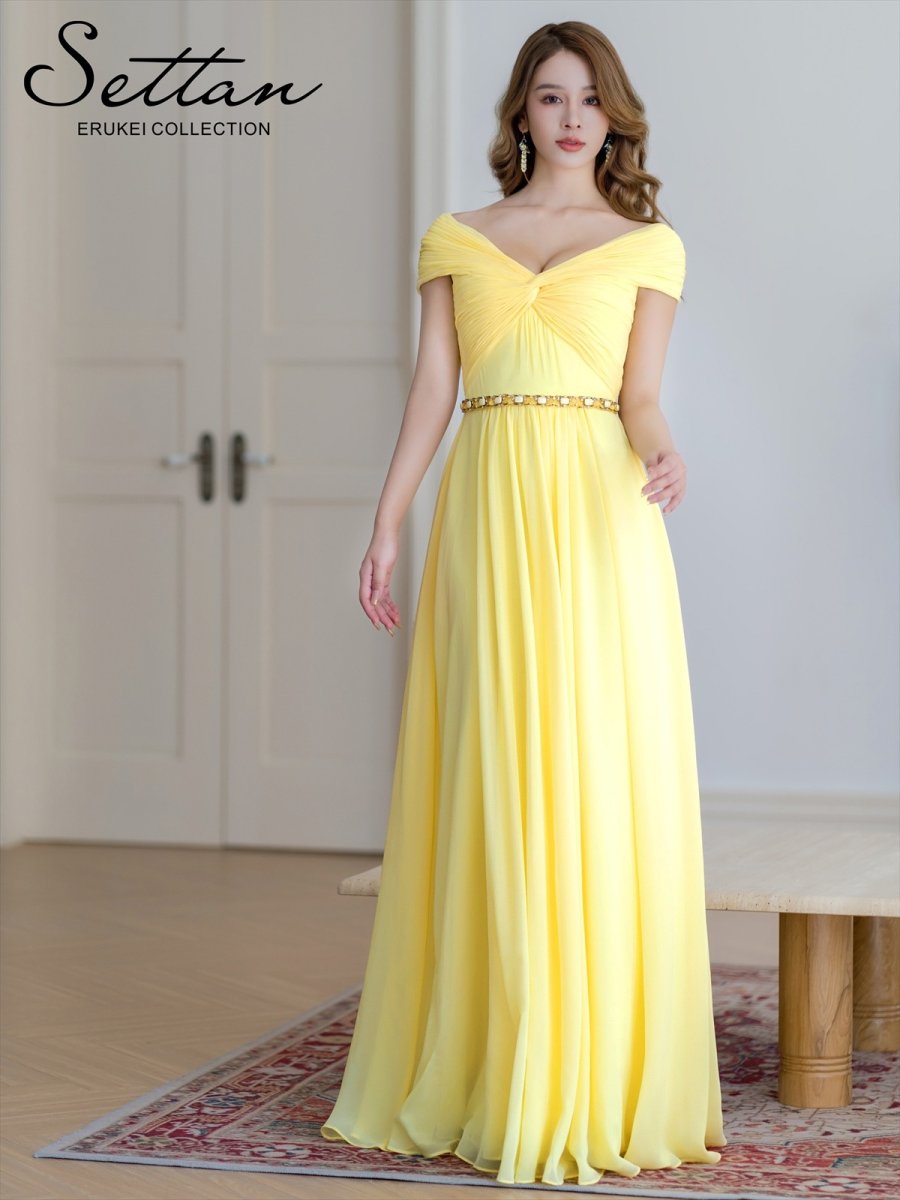 画像2: [ERUKEI/SETTAN]パープル・イエロー・シフォン・ビジュー・シンプル・Aライン・ロングドレス[送料無料] (2)