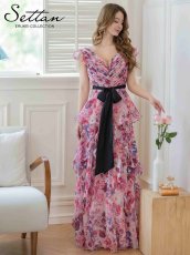 画像1: [ERUKEI/SETTAN]ベージュ×ピンク・ホワイト×ワインレッド・フラワープリント・ティアード・フリル・キュート・ロングドレス[送料無料] (1)