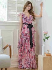 画像3: [ERUKEI/SETTAN]ベージュ×ピンク・ホワイト×ワインレッド・フラワープリント・ティアード・フリル・キュート・ロングドレス[送料無料] (3)