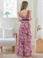 画像5: [ERUKEI/SETTAN]ベージュ×ピンク・ホワイト×ワインレッド・フラワープリント・ティアード・フリル・キュート・ロングドレス[送料無料] (5)