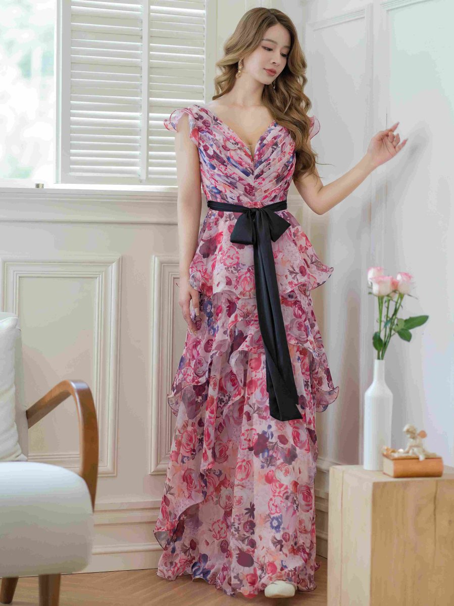 画像9: [ERUKEI/SETTAN]ベージュ×ピンク・ホワイト×ワインレッド・フラワープリント・ティアード・フリル・キュート・ロングドレス[送料無料] (9)