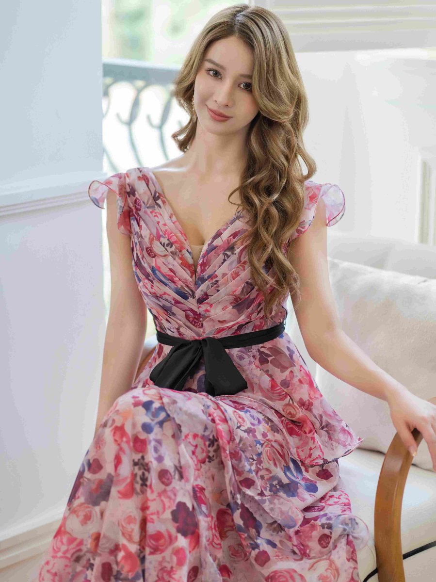 画像11: [ERUKEI/SETTAN]ベージュ×ピンク・ホワイト×ワインレッド・フラワープリント・ティアード・フリル・キュート・ロングドレス[送料無料] (11)