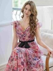 画像11: [ERUKEI/SETTAN]ベージュ×ピンク・ホワイト×ワインレッド・フラワープリント・ティアード・フリル・キュート・ロングドレス[送料無料] (11)