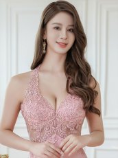 画像10: [ERUKEI/SETTAN]ピンク・ホワイト・ワインレッド・ホルターネック・エレガント・胸元レース・ラインストーン・Aライン・ロングドレス[送料無料] (10)