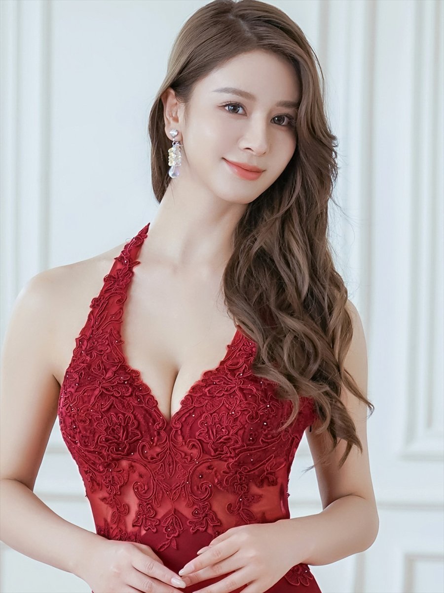 画像12: [ERUKEI/SETTAN]ピンク・ホワイト・ワインレッド・ホルターネック・エレガント・胸元レース・ラインストーン・Aライン・ロングドレス[送料無料] (12)