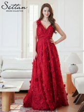 画像1: [ERUKEI/SETTAN]ワインレッド・立体フラワー・プリント・チュールレース・Vネック・ノースリーブ・ロングドレス[送料無料] (1)