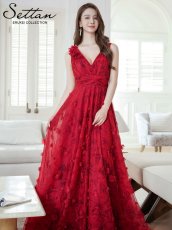 画像2: [ERUKEI/SETTAN]ワインレッド・立体フラワー・プリント・チュールレース・Vネック・ノースリーブ・ロングドレス[送料無料] (2)