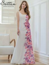 画像1: [ERUKEI/SETTAN]ホワイトxピンク・プリント・花柄・リボン・ハイウエスト・ノースリーブ・Aライン・ロングドレス[送料無料] (1)