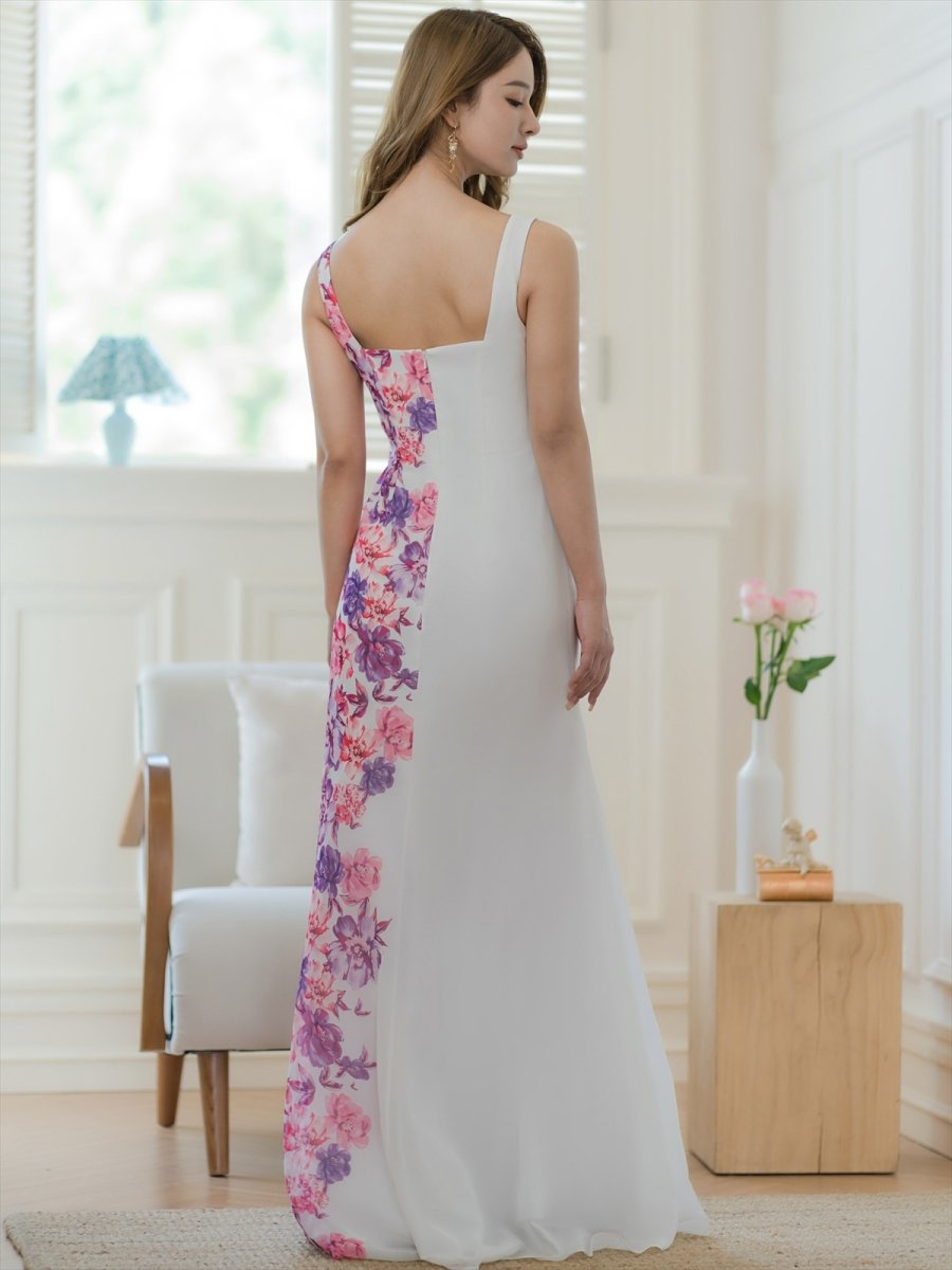 画像3: [ERUKEI/SETTAN]ホワイトxピンク・プリント・花柄・リボン・ハイウエスト・ノースリーブ・Aライン・ロングドレス[送料無料] (3)