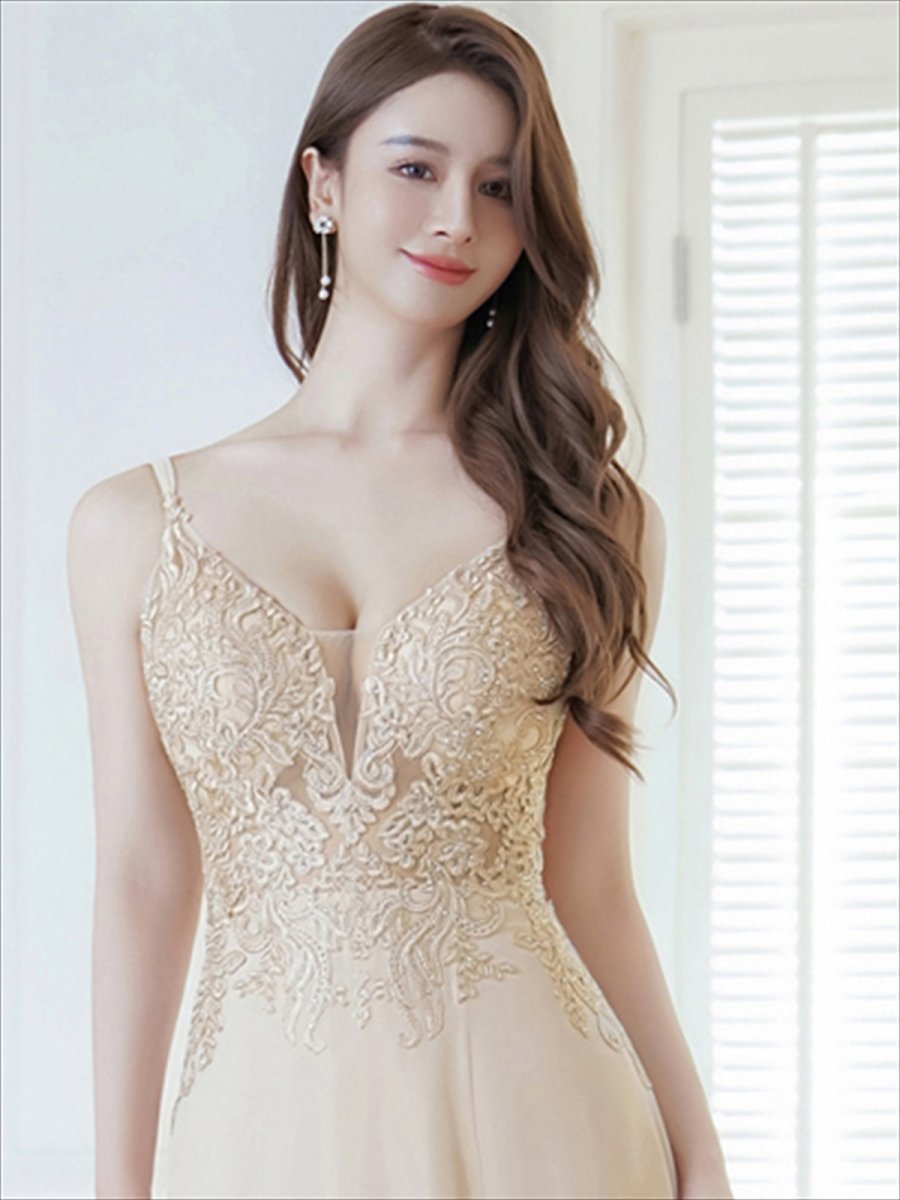 画像8: [ERUKEI/SETTAN]ベージュ・ピンク・Vネック・キャミソール・刺繍・セクシー・シアー・シースルー・Aライン・ロングドレス[送料無料] (8)