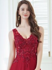 画像7: [ERUKEI/SETTAN]ワインレッド・ホワイト・Ｖネック・Aライン・エレガント・胸元レース・ビーズ・スパンコール・ロングドレス[送料無料] (7)