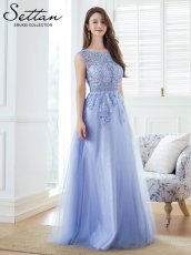 画像3: [SETTAN]ブルー・ラメレース・オーガンジー・ラインストーン・刺繡・ノースリーブ・Aライン・ロングドレス[送料無料] (3)