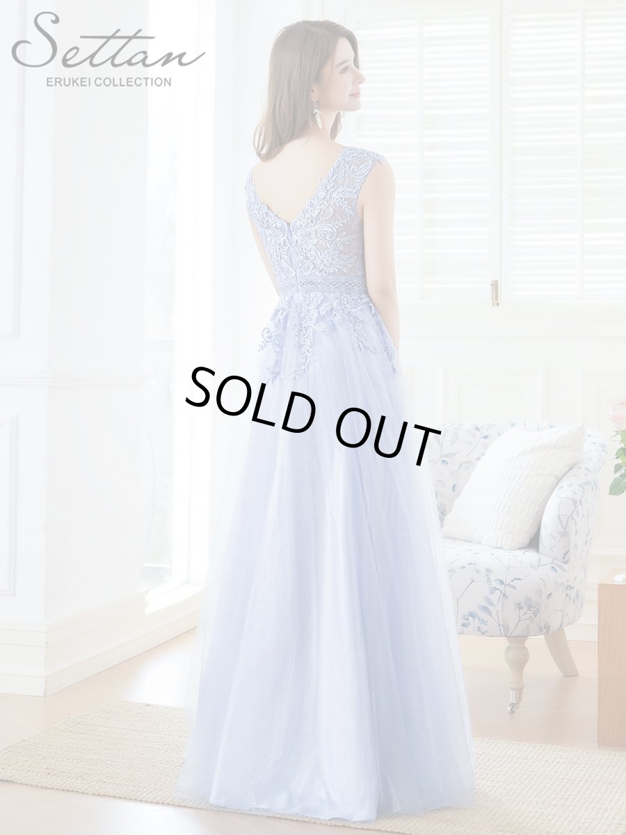 画像4: [SETTAN]ブルー・ラメレース・オーガンジー・ラインストーン・刺繡・ノースリーブ・Aライン・ロングドレス[送料無料] (4)