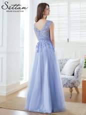 画像4: [SETTAN]ブルー・ラメレース・オーガンジー・ラインストーン・刺繡・ノースリーブ・Aライン・ロングドレス[送料無料] (4)