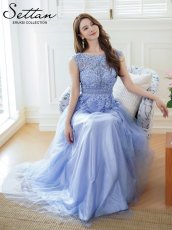 画像1: [SETTAN]ブルー・ラメレース・オーガンジー・ラインストーン・刺繡・ノースリーブ・Aライン・ロングドレス[送料無料] (1)