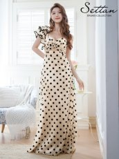 画像1: [ERUKEI/SETTAN]ベージュ×ブラック・ワンショルダー・フリル・カットアウト・スピンドル・シンプル・フリル・Aライン・ロングドレス[送料無料] (1)