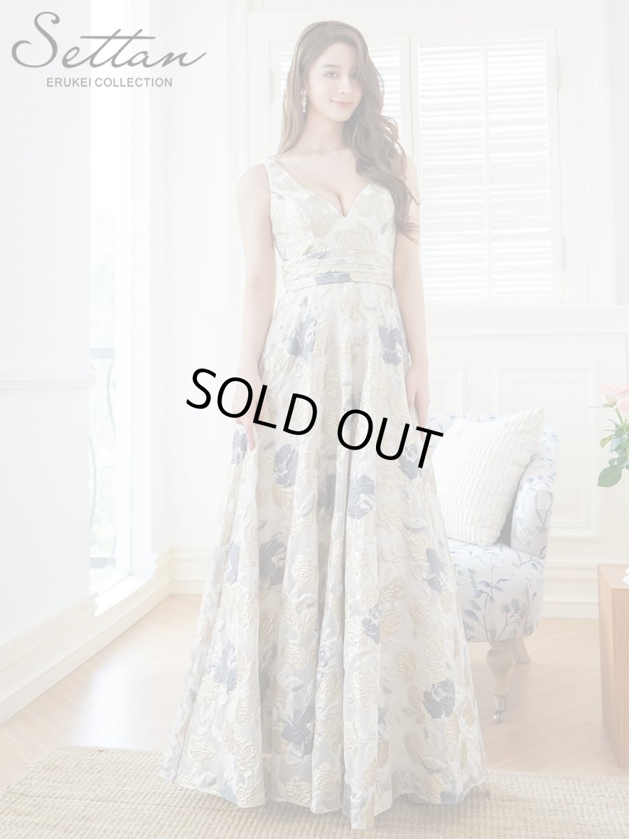 画像1: [ERUKEI/SETTAN]ゴールド×グレー・ノースリーブ・Vネック・花柄・フレア・フラワー・Aライン・ロングドレス[送料無料] (1)