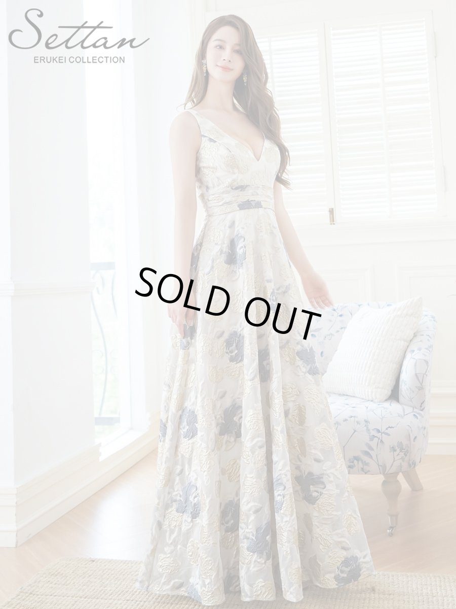 画像2: [ERUKEI/SETTAN]ゴールド×グレー・ノースリーブ・Vネック・花柄・フレア・フラワー・Aライン・ロングドレス[送料無料] (2)