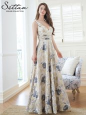 画像2: [ERUKEI/SETTAN]ゴールド×グレー・ノースリーブ・Vネック・花柄・フレア・フラワー・Aライン・ロングドレス[送料無料] (2)