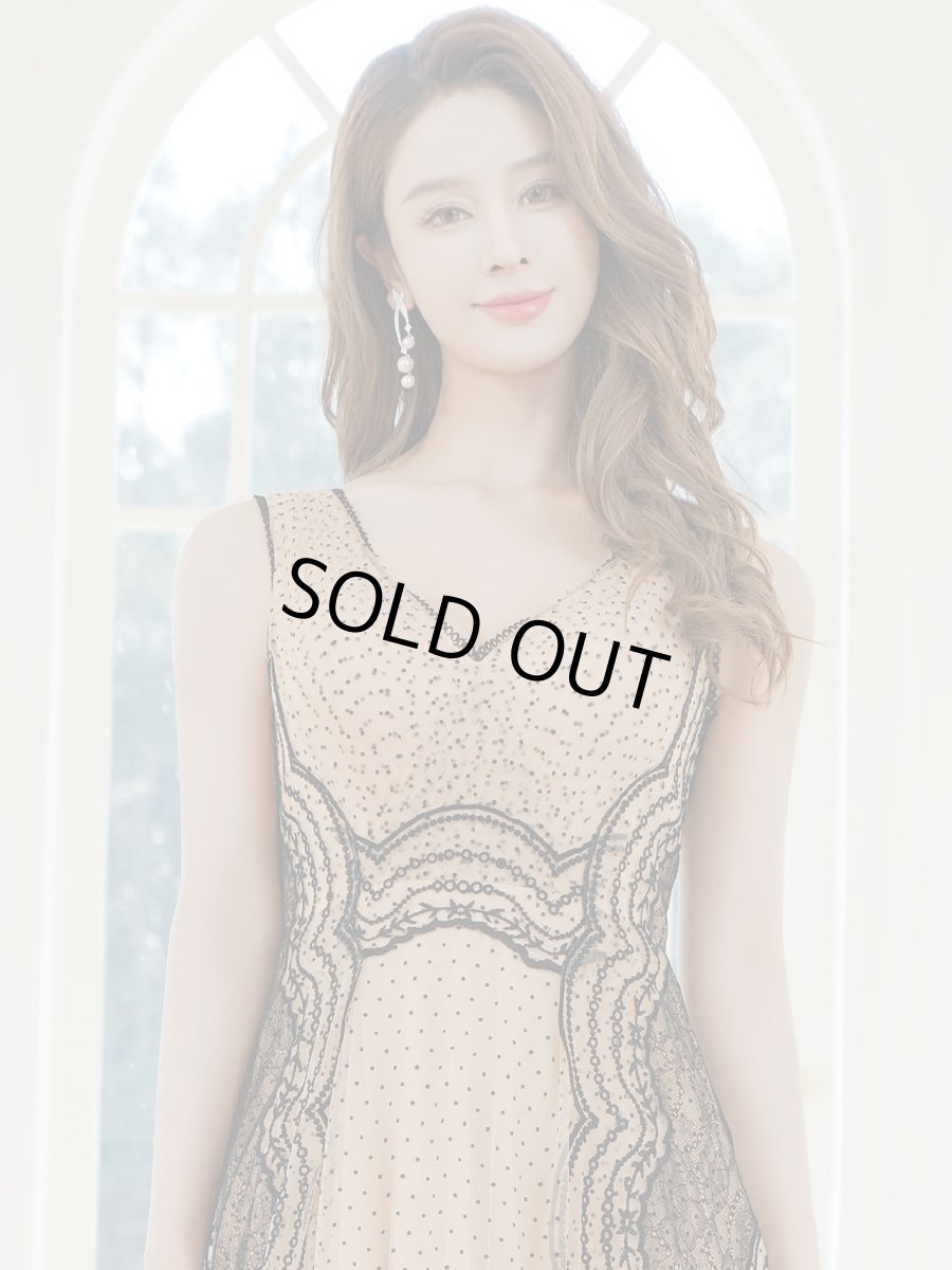 画像4: [ERUKEI/SETTAN]ノースリーブ・Vネック・タック・チュールレース・ドット・ハイウエスト・Aライン・ロングドレス[送料無料] (4)