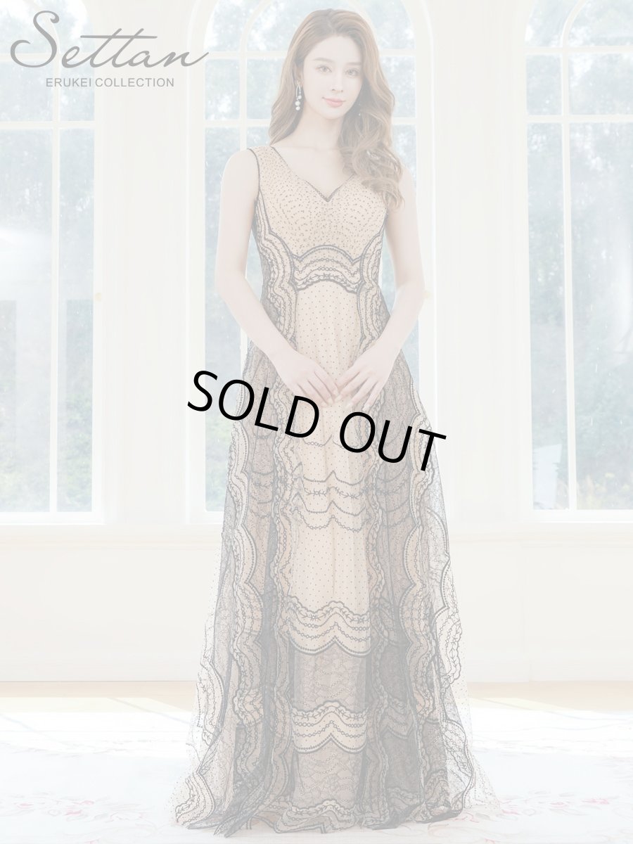 画像1: [ERUKEI/SETTAN]ノースリーブ・Vネック・タック・チュールレース・ドット・ハイウエスト・Aライン・ロングドレス[送料無料] (1)